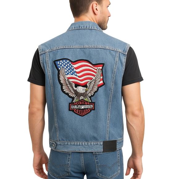 Vintage Harley-Davidson Denim Vest Eagle American Flag Patch  Men’s L - Picture 1 of 6